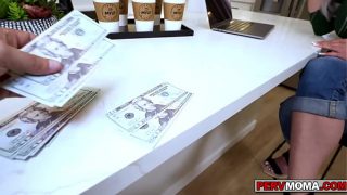 Stepmom Bambi Blitz letting her stepson fuck her gigantic tits and swallows his cum so he will give her a job referal
